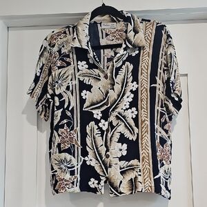 Tan and Navy Blue Rayon Button Down Shirt with Vintage Pattern